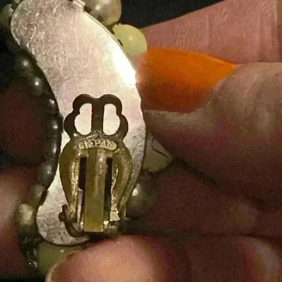 Vintage 1960s Japan pastel yellow beaded crescent clip on earrings - Picture 2 of 4